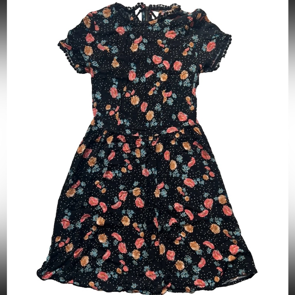 Xhilaration Floral Womens Dress XS Strappy Open Back A-Line High Neck Polka Dot